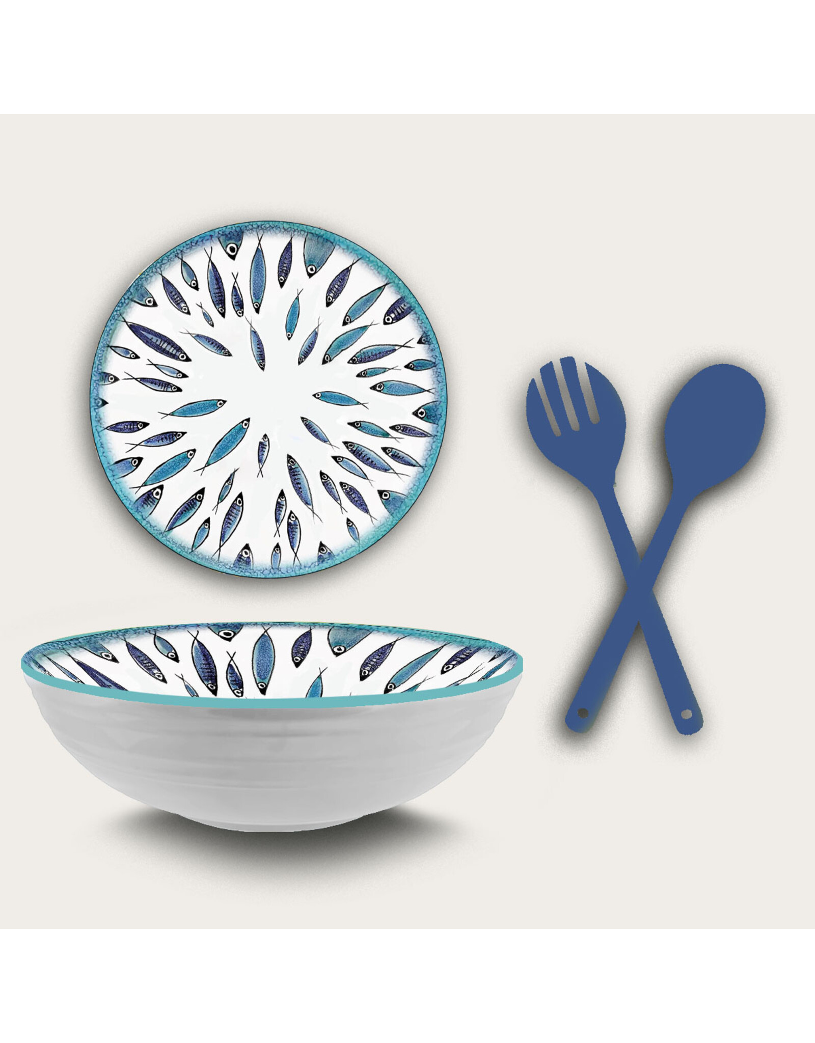 Arca Arca Fish Melamine Salad Bowl 28x9cm incl salad cutlery set