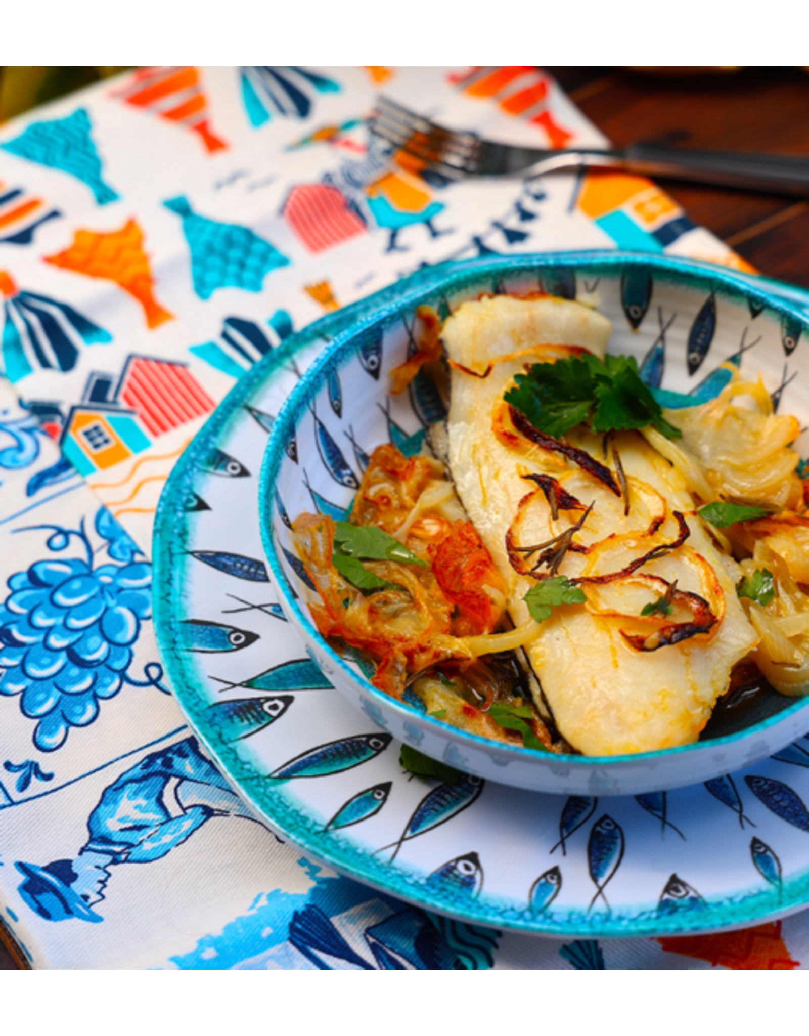 Arca Arca Fish Melamine Deep Soup/Pasta Plate 20cm.  The Fish melamine collection has beautiful fish motifs that give you an instant summer feeling.