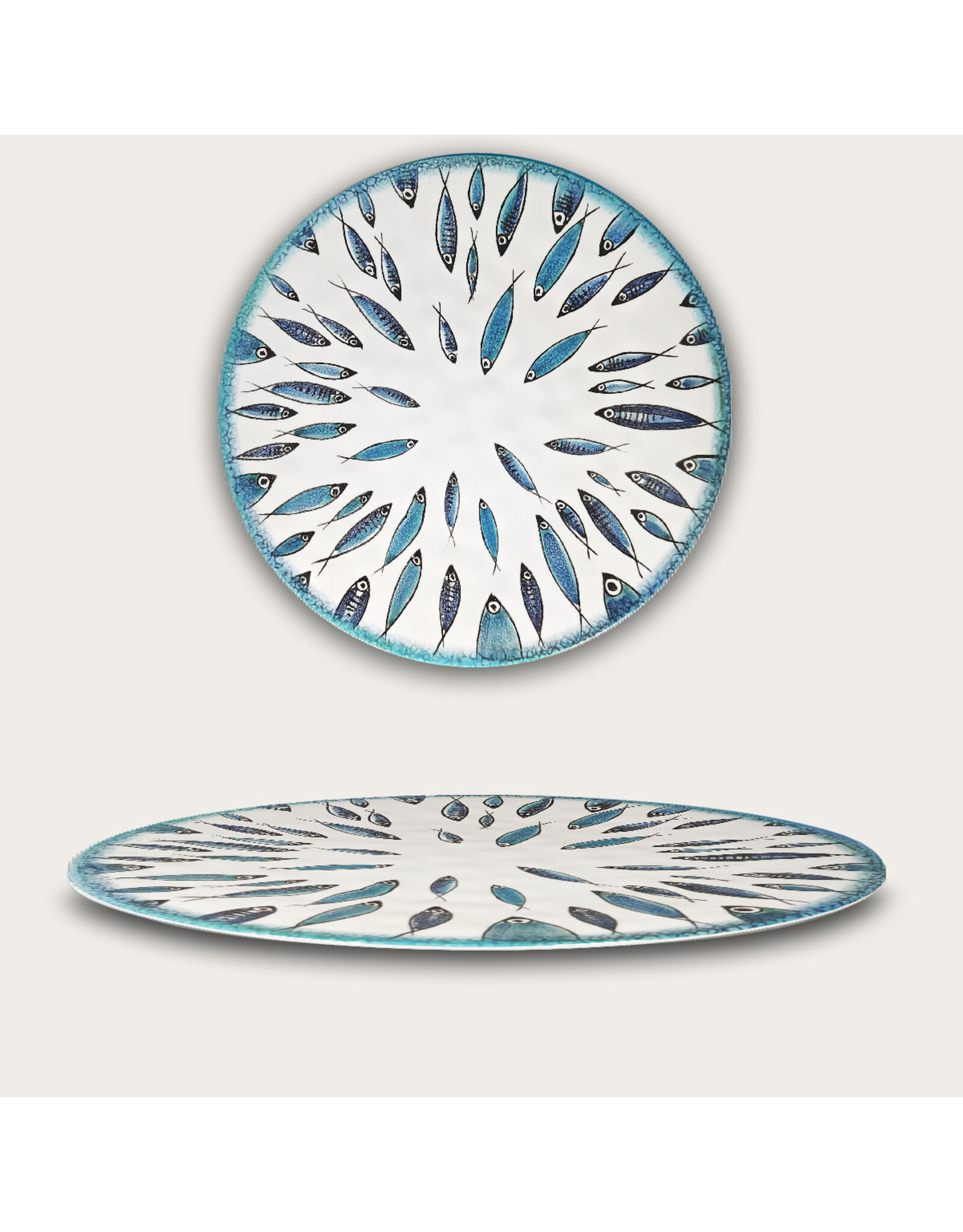Arca Arca Fish Melamine Round Flat Plate 35cm.  The Fish melamine collection has beautiful fish motifs that give you an instant summer feeling.