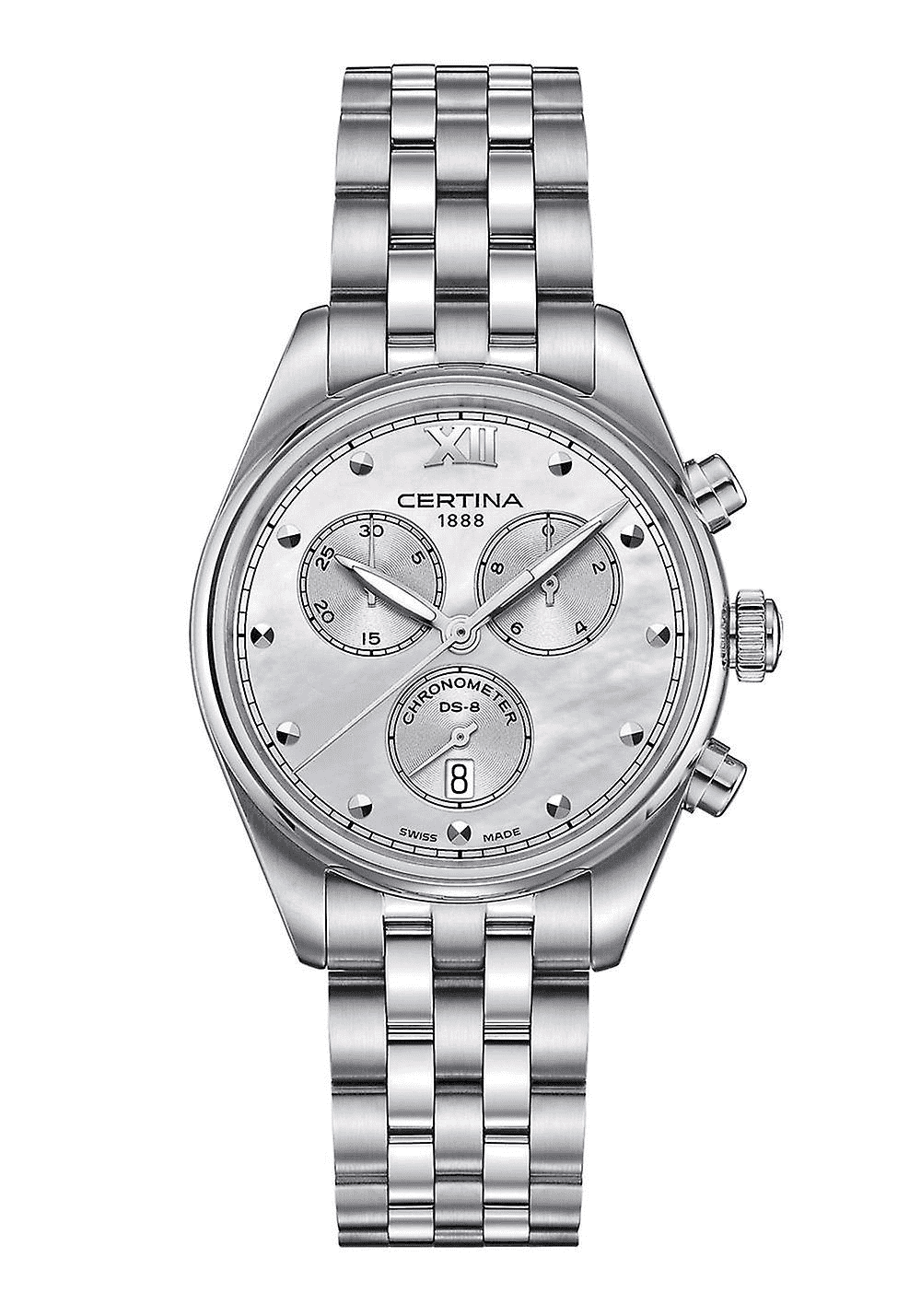 Certina Certina DS-8 Lady Chronograph, 34.5mm edelstalen kast en band met witte parelmoer wijzerplaat