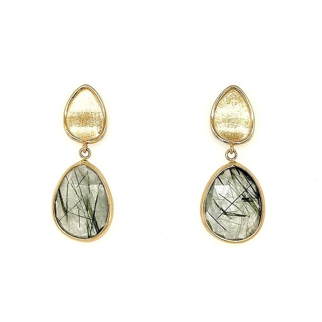 Italo Bottene Italo Bottene  oorhangers in 14 krt. geelgoud met groene rutile kwarts