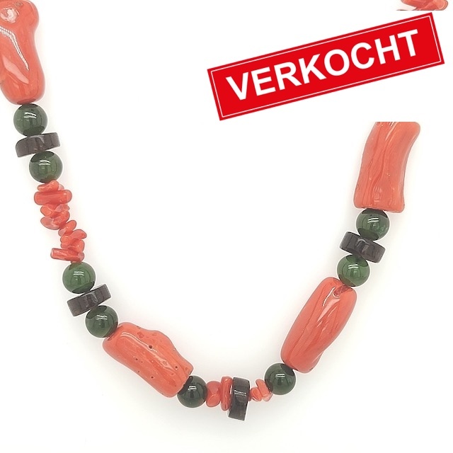 Private Label CvdK Private Label CvdK bloedkoraal collier met jade en rookkwarts