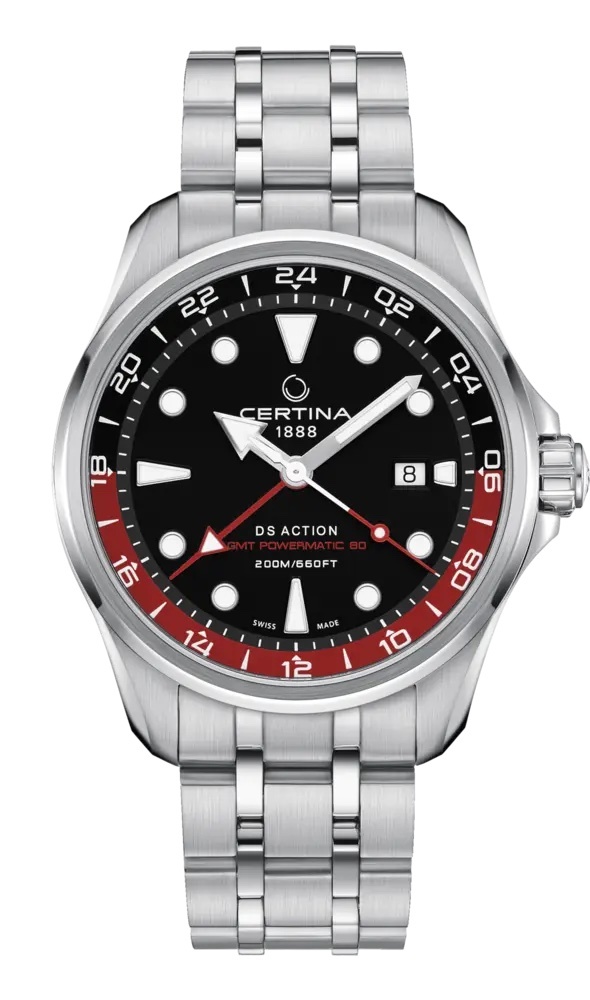 Certina Certina DS Action GMT Powermatic 80, 43 mm edelstalen kast en band met zwarte wijzerplaat en datum