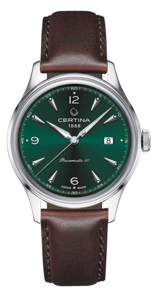 Certina Certina DS Powermatic 80, 41 mm edelstalen kast, leren band met groene wijzerplaat en datum