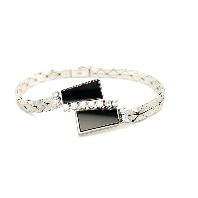 Vintage armband in 14 krt. witgoud met onyx en diamant