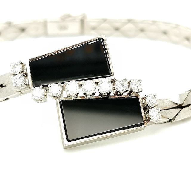 Vintage armband in 14 krt. witgoud met onyx en diamant