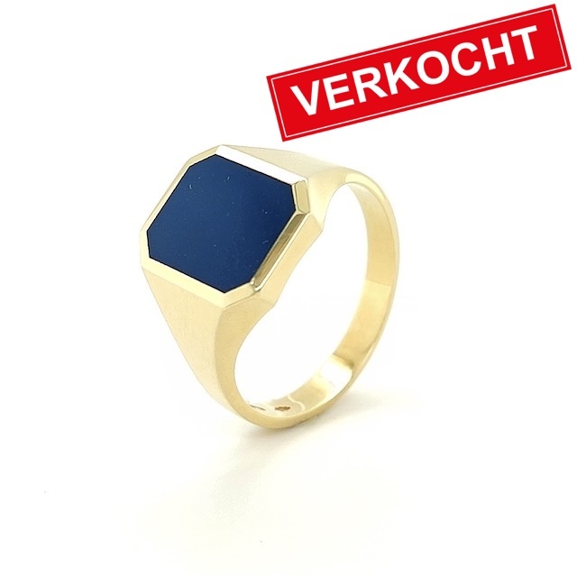 Private Label CvdK Private label CvdK zegelring in 14 krt. geelgoud met blauwe lagensteen