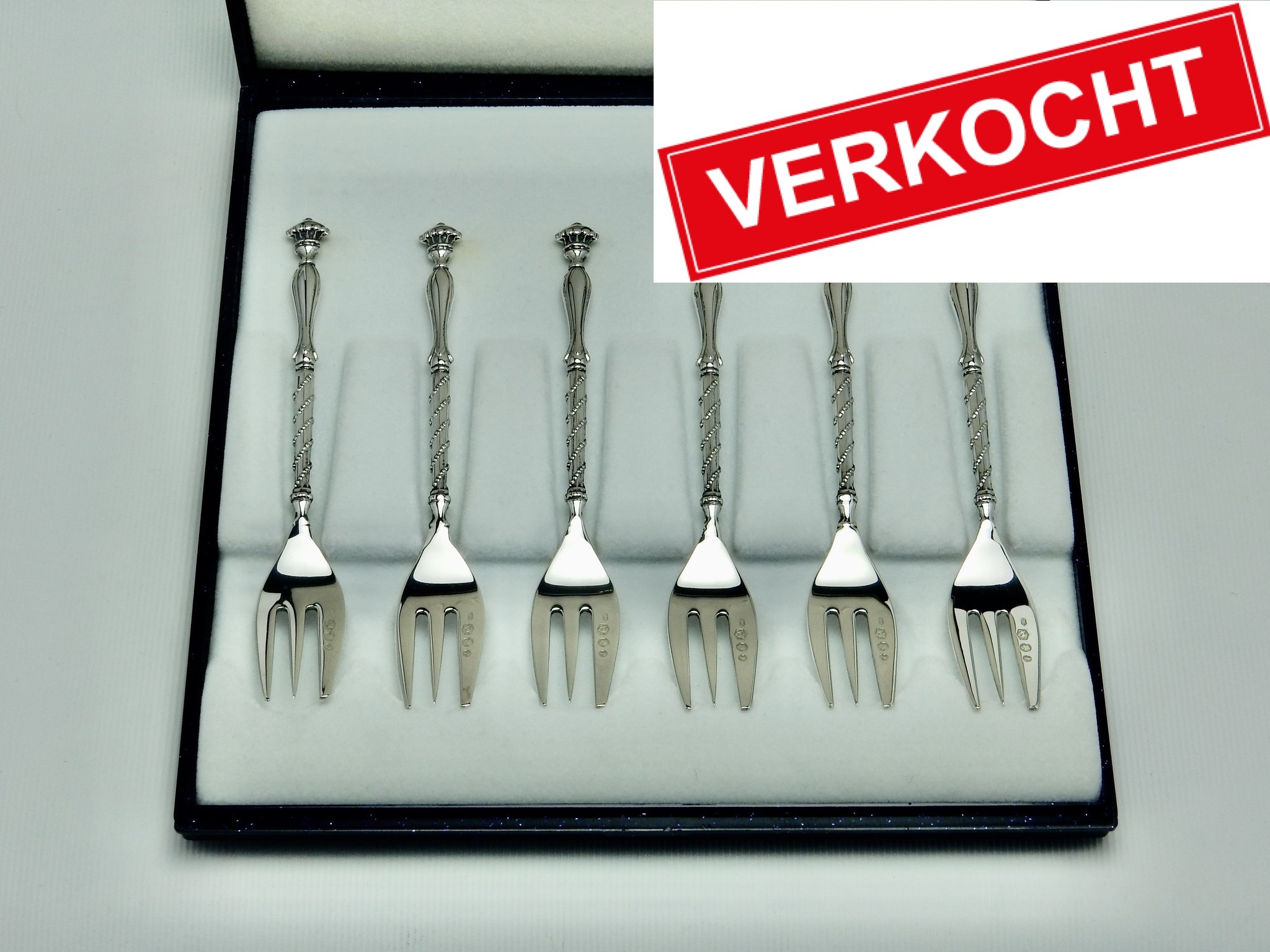 Zes taartvorkjes, kroonmodel, in 925 zilver, 116 mm lang