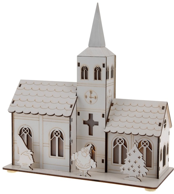 Houten kerkje Santa met 5 LED's