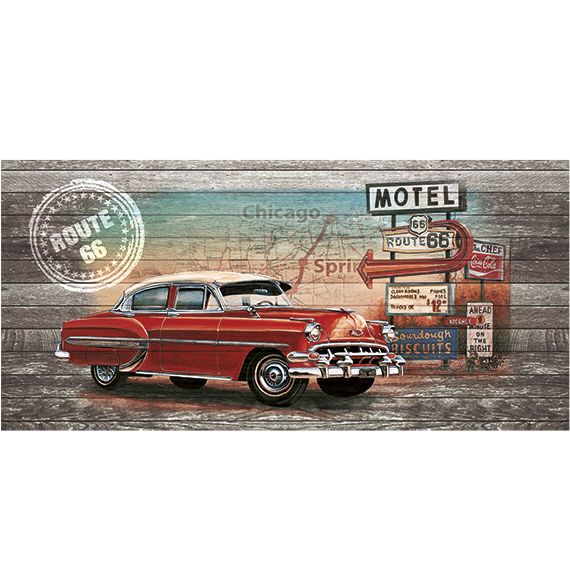 Kunstzinnige Ingelijste Posters: Route 66 Red Car on wood