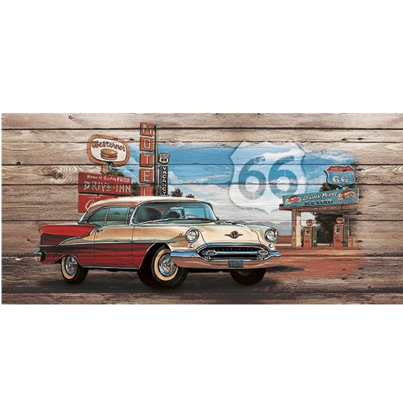 Kunstzinnige Ingelijste Posters: Route 66 Red White Car on wood