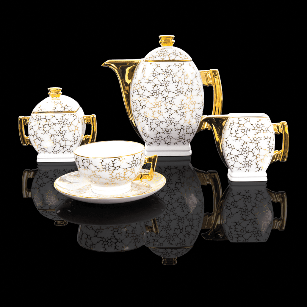 Cmielow - 1790 Glamour  IV -Kaffee - Teeservice  für 6 Personen mit marmorierter Oberfläche .