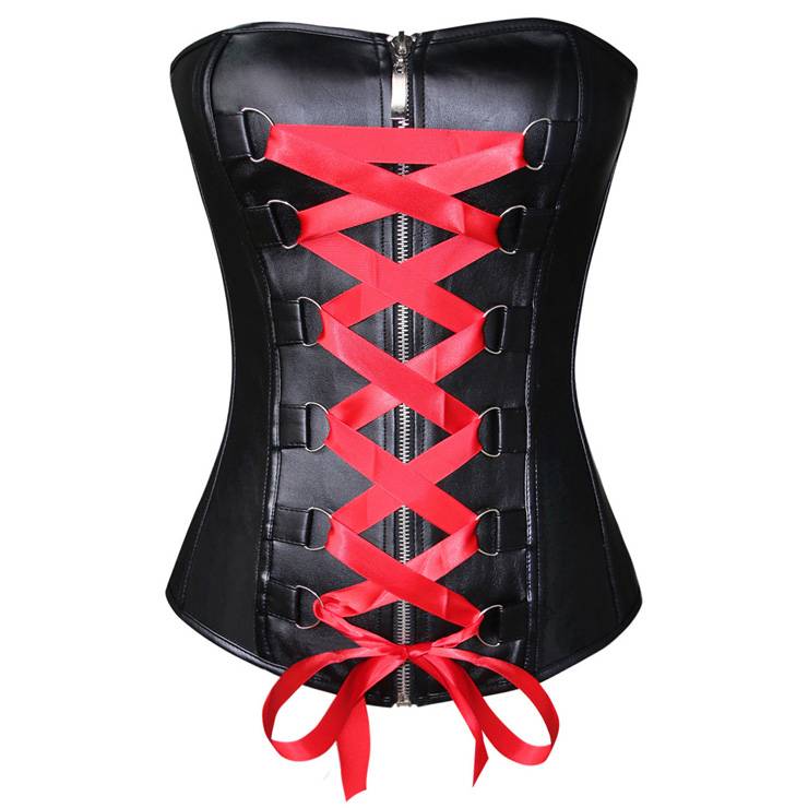 esthetisch musical schaak Zwart leatherlook corset met rode veter - ClassyWear