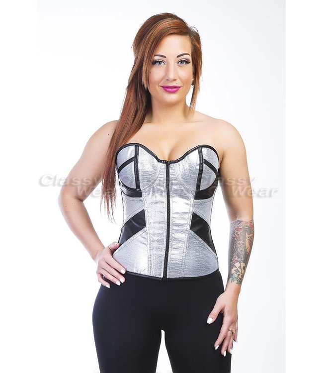 Sexy mentalic overbust corset met rits en veters - zilver