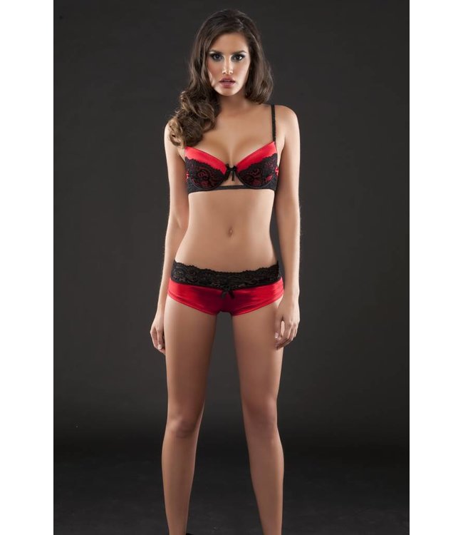 Satijnen beugel BH met kant - rood/zwart