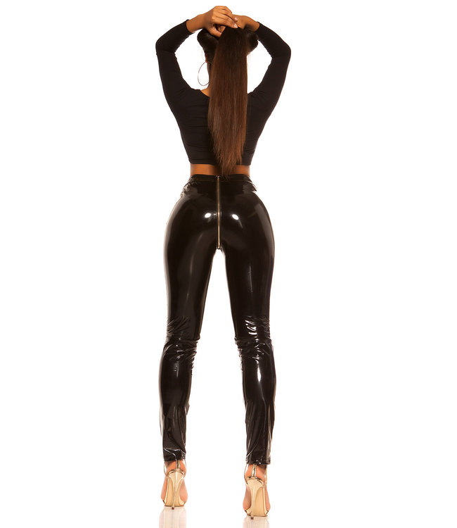 LAK/PVC broek met doorlopende rits - zwart