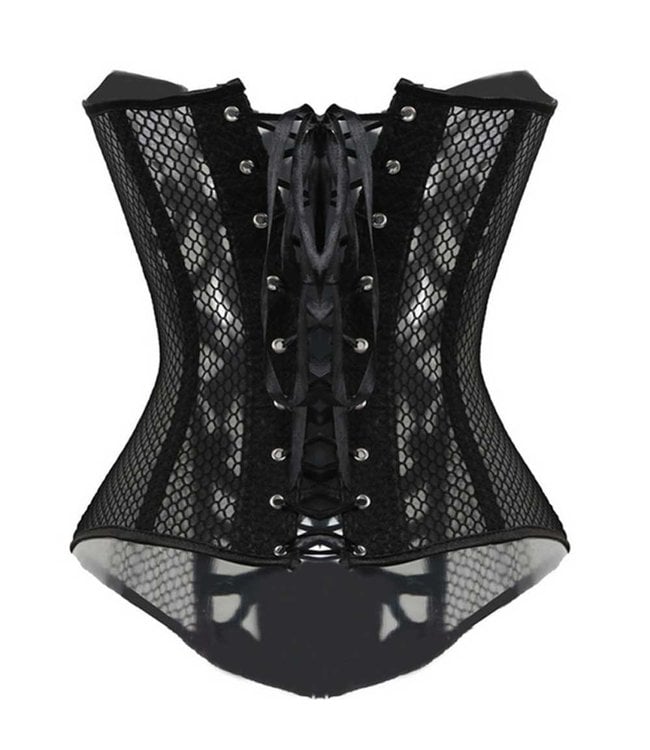 Zwart overbust burlesque corset met leatherlook details