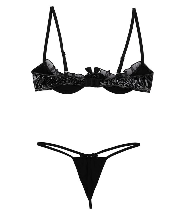 Sexy zwart lak/wetlook push up bh met string setje