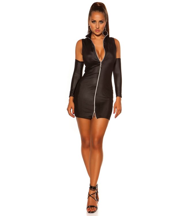Wetlook mini jurkje met rits + handschoenen - Zwart