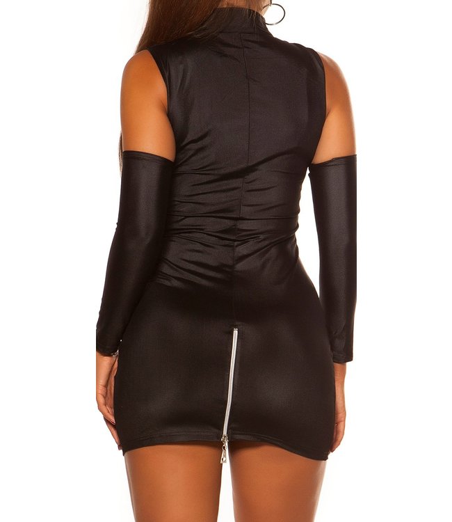 Wetlook mini jurkje met rits + handschoenen - Zwart