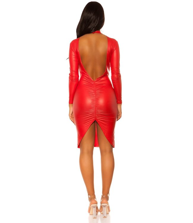 Wetlook bodycon jurkje met open rug - rood