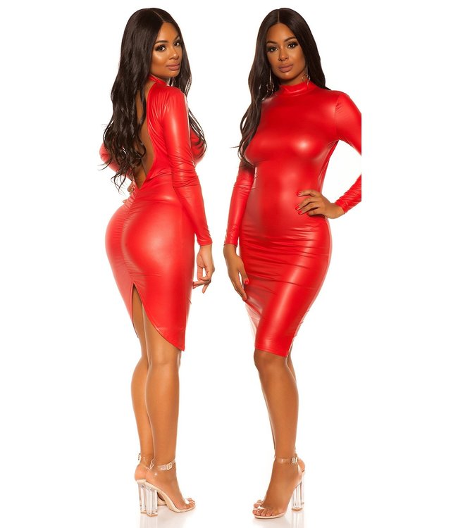 Wetlook bodycon jurkje met open rug - rood
