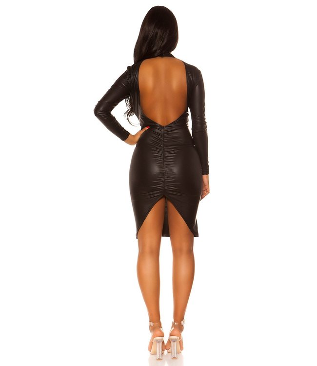Zwarte wetlook jurk met lange mouw