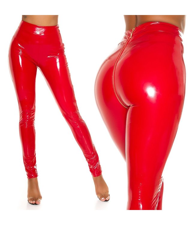 LAK/PVC broek met doorlopende rits - rood