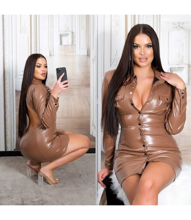 Wetlook blazer jurk met open rug - Bruin