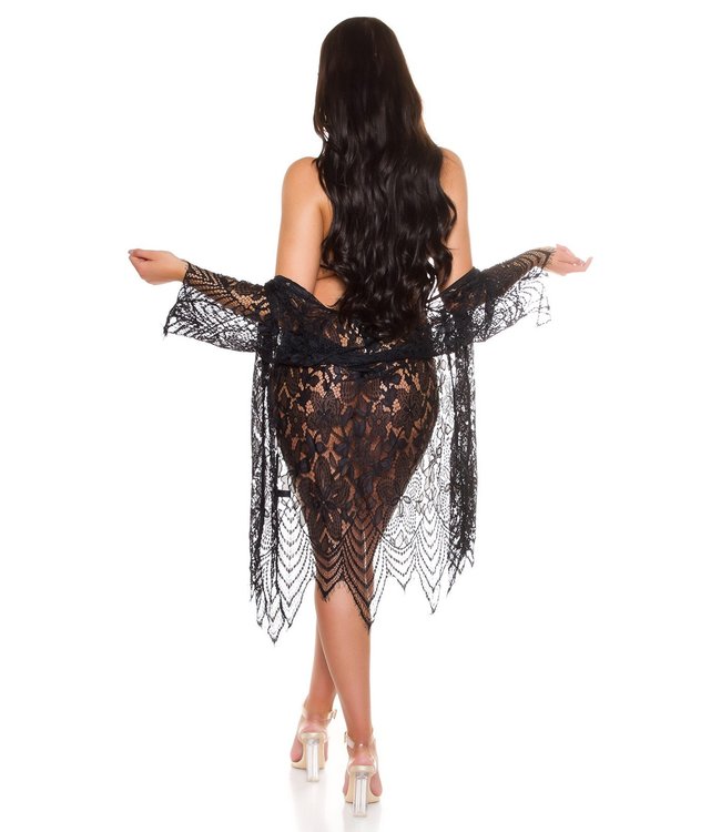 Kanten kimono + Lingerie setje (3 delig) - zwart