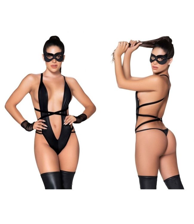 Sexy Cat kostuum body lingerie 3-delig setje - zwart