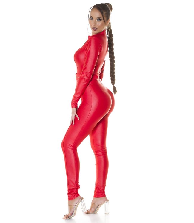 Sexy leatherlook catsuit met doorlopende rits - rood
