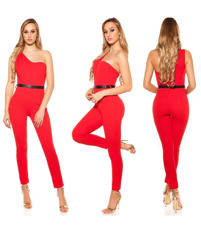 One shoulder jumpsuit met riem - rood