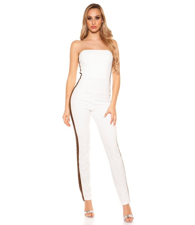 Off shoulder Jumpsuit met gouden sequin/glitter (wit)