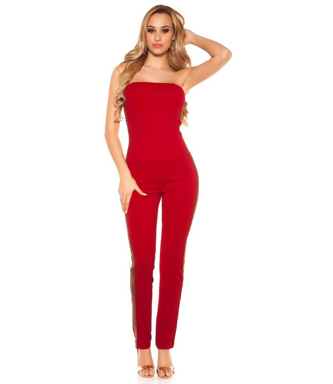 Off shoulder Jumpsuit met gouden sequin/glitter (BORDEAUX)