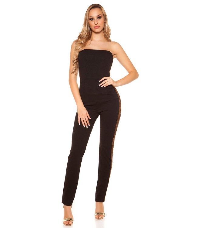 Off shoulder Jumpsuit met gouden sequin/glitter  (zwart)