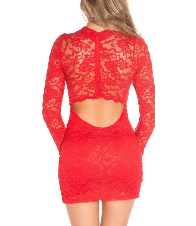 ClassyWear Sexy kanten jurkje met doorzichtige cut-out rug -rood