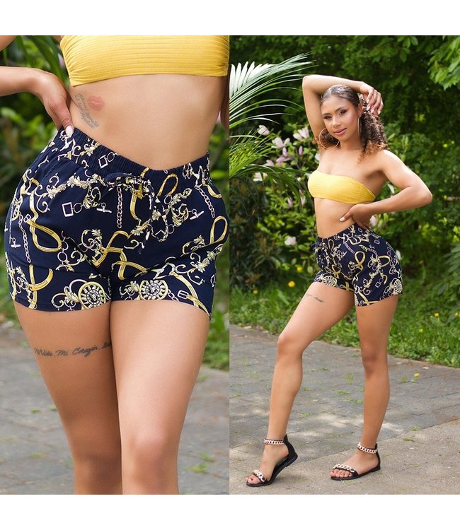 Highwaist summer shorts with chain prints - navy/geel