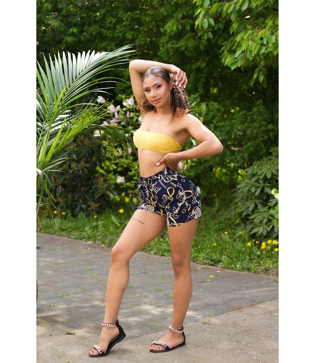 Highwaist summer shorts with chain prints - navy/geel