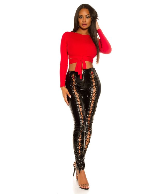 Sexy Latex/laklook broekje met veter - zwart