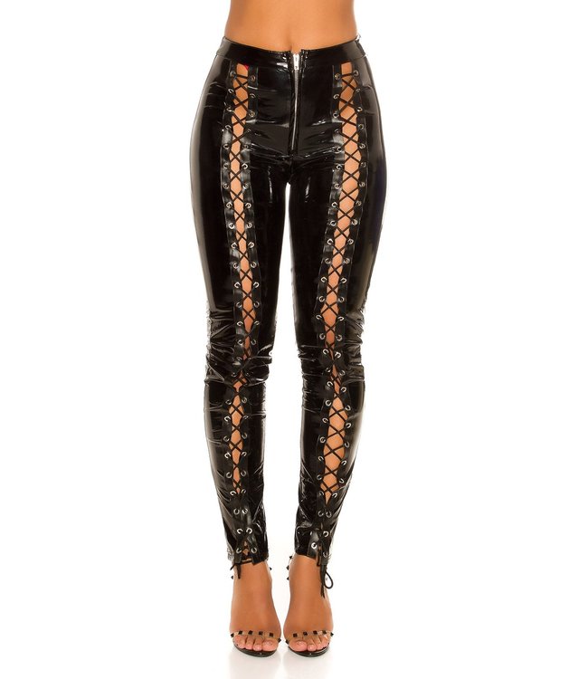 Sexy Latex/laklook broekje met veter - zwart