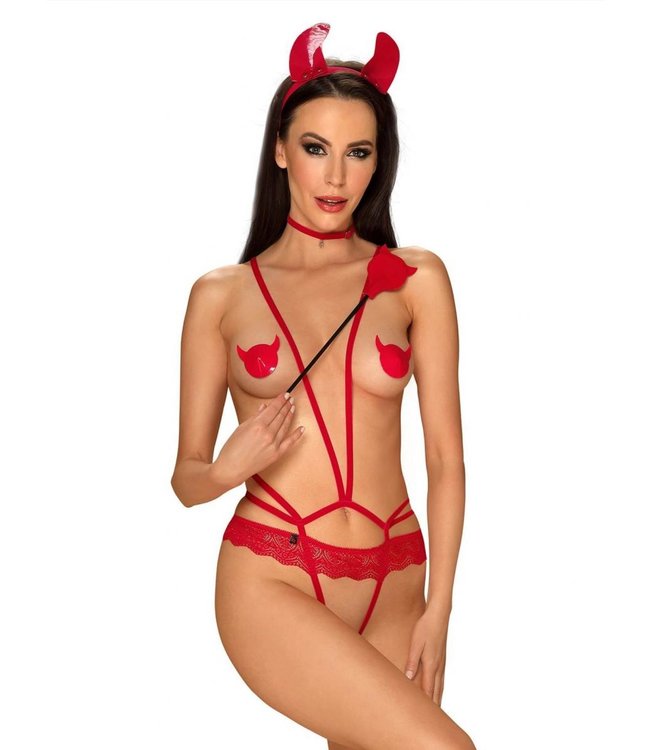 'HOT DEVIL' lingerie kostuum 4-delige set - rood