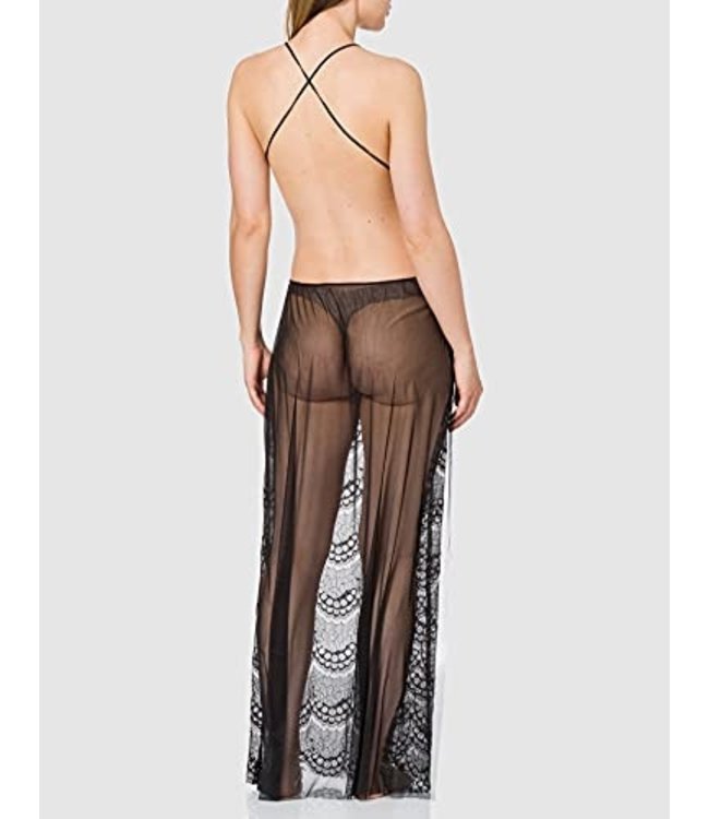 Luxe lingerie kanten lang jurkje - zwart