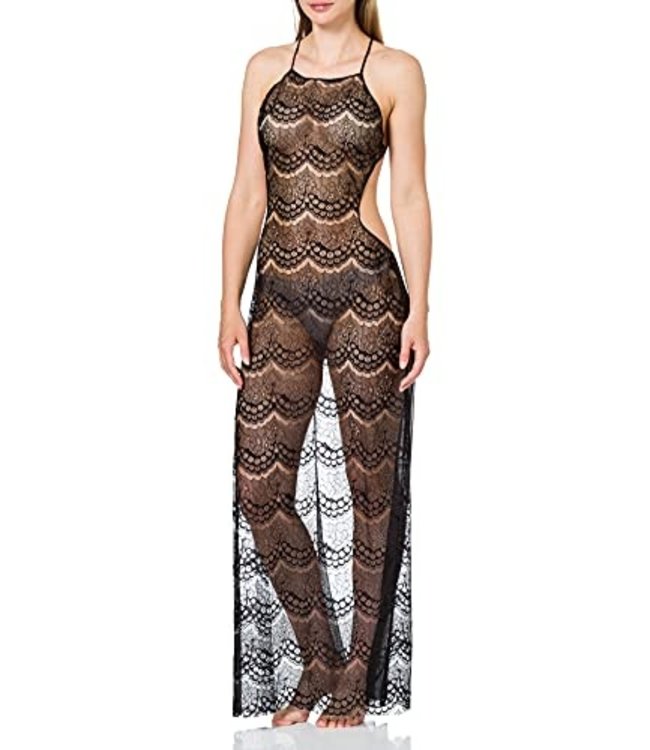 Luxe lingerie kanten lang jurkje - zwart