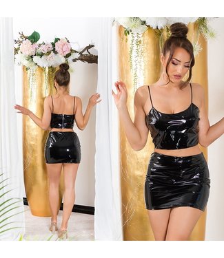 ClassyWear Sexy latex/lak look topje + rokje 2-delig set - zwart