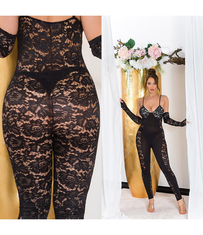 Luxe Elegante kanten jumpsuit met handschoenen - zwart