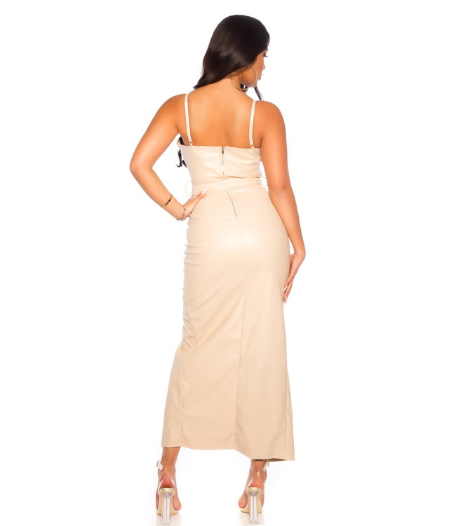 LUXE! Elegante leather look lang jurk - beige