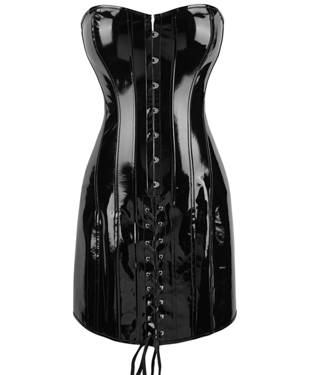 Zwarte lak look/latex PVC corset jurk
