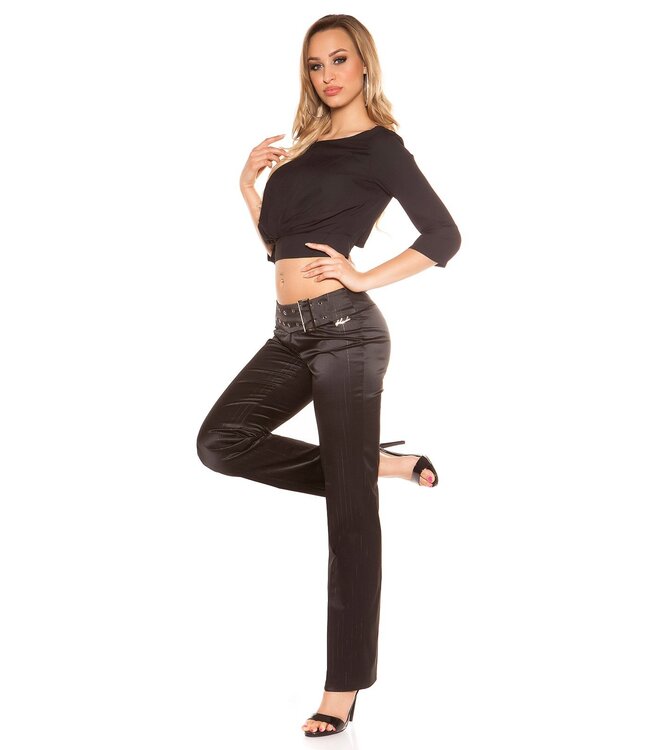 Elegante satijnen broek met riem decoratie - zwart