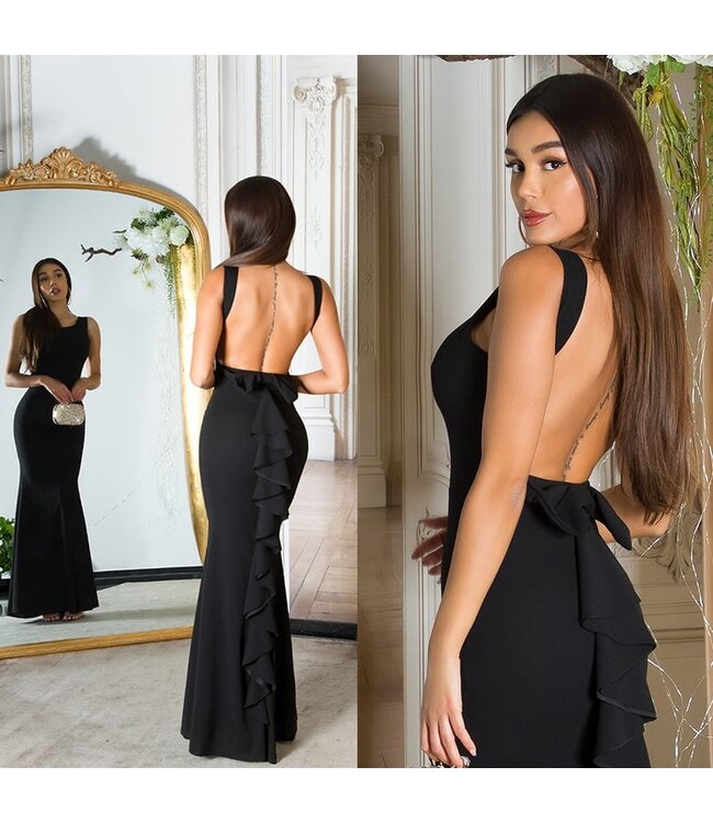 ClassyWear Luxe gala lang jurk met open rug - zwart